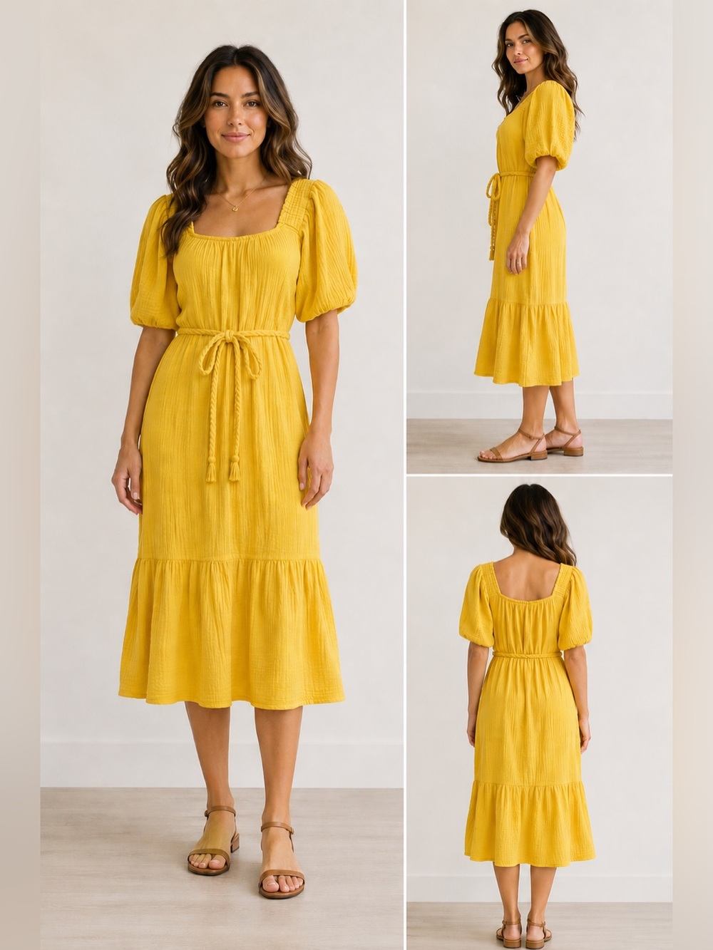 XiRENA Sofia Dress Limon Puff-Sleeve Tie-Waist Midi Dress NWT size small